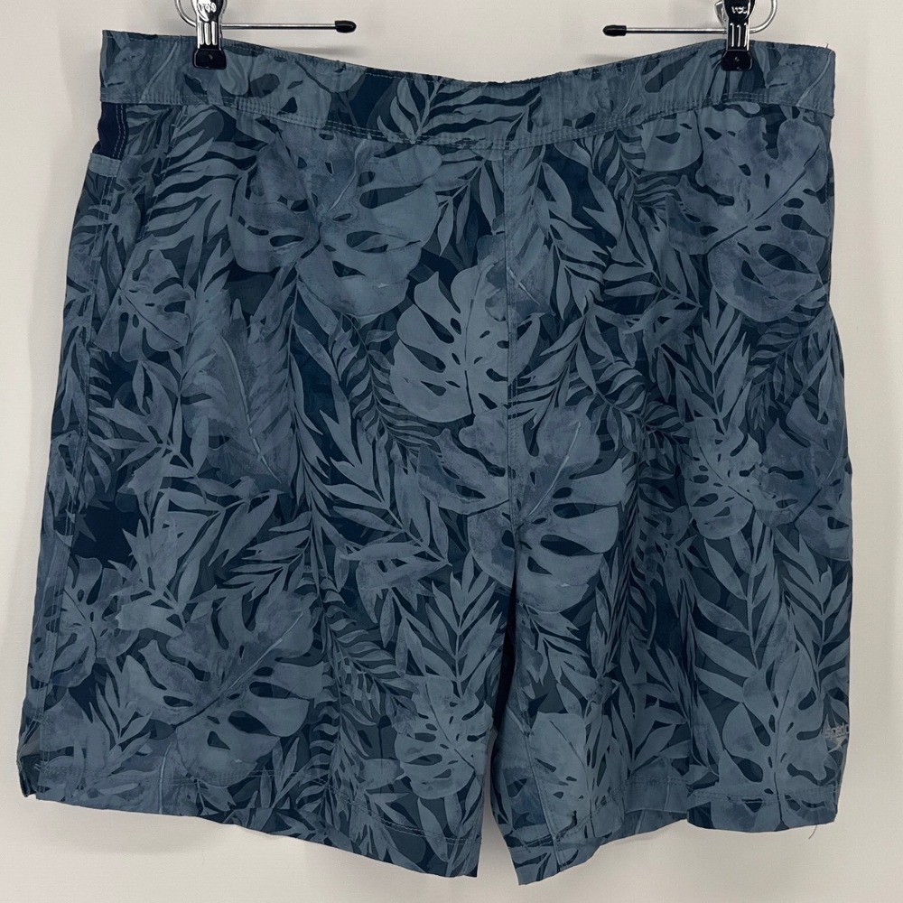 Speedo Men XXL Swim Trunks Blue Tropical Leaf Print Zipper Pocket Board Shorts